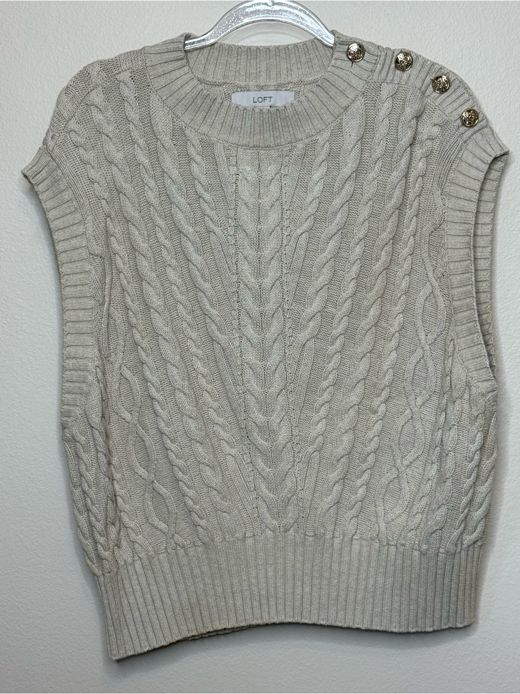 Loft Cream Cable-Knit Button Shoulder Sweater Vest Xl